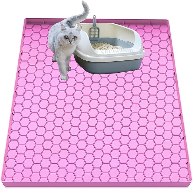 Cat Litter Mat, Silicone Large Cat Mat for Litter Box - 34x22 in, Waterproof & Non-Slip, Durable & Easy Clean, Pink by JSXZWOO