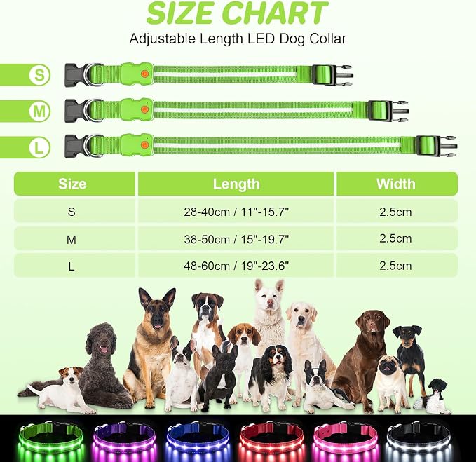 PcEoTllar Light Up Dog Collar, Glow in The Dark for Night Walking, Green, M | Led Dog Collar for Night Walking, 3 Flashing Mode, USB Charge, For Small Medium Large Dogs, Waterproof, Durable Material - Image 4
