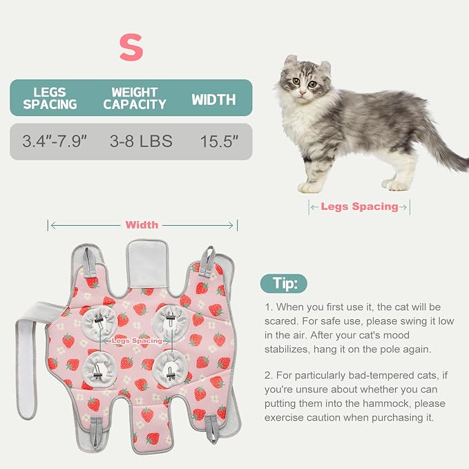 Supet Cat Grooming Hammock Harness for Nail Trimming, Kitten Care Sling | Small Dog Hanging Sling for Nail Clipping, Pet Restraint Holder for Medicine, Ear & Teeth Cleaning, Eye Care (Strawberry S) - Image 5