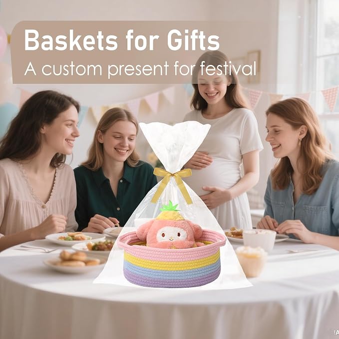 JMvicyroam Small Woven Basket, Empty Gift Basket, Rainbow/3 Pack | Small Gift Basket, Cotton Rope, 12 x 8 x 53 in, Handles, Includes Ribbon and Bag, Birthday Gift Basket - Image 4