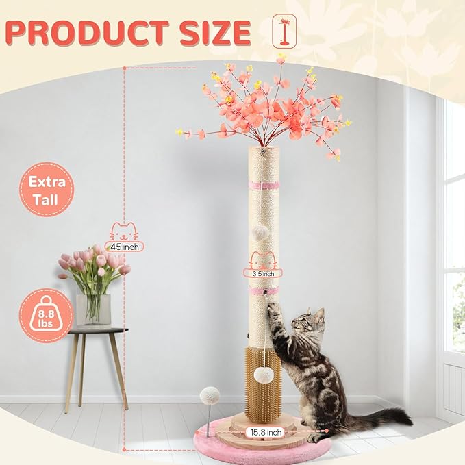 45'' Tall Cat Scratching Post Tree,Heavy Duty Scratcher for Indoor | Solid Wood Base,3.5" Sisal Post,Hanging Ball Toy,Self-Grooming Brush,Interactive Ball Track,Stylish Decor for Any Home - Image 2