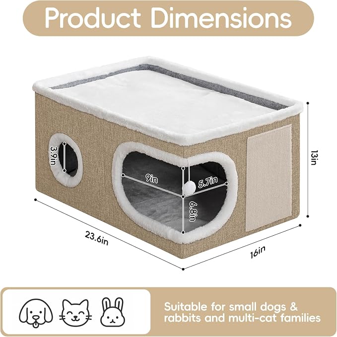 Extra Wide Cat Houses for Indoor Cats, Large Covered Cat Bed Cave | Foldable Kitten Bed House with Fluffy Ball and Scratch Pad, Large Cat Condo Tent for Multiple Pets, 23.6x16x13 inches, Khaki‌ - Image 4