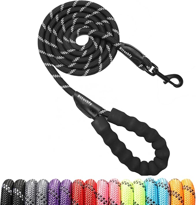 Rttochfy Rope Dog Leash 2/4/5/6/8/10 FT with Comfortable Padded Handle and Highly Reflective Threads for Small Medium and Large Dogs Heavy Duty (1/2"-5 FT, Black) by Rttochfy