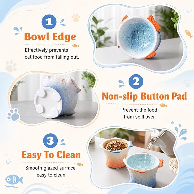 Tioncy 2 Pcs Raised Tilted Ceramic Cat Food Bowl Fish Shape Cute Elevated Slanted Shallow Angled Cat Dish Non Slip Feeder Bowl for Anti-Vomiting and Fatigue (Blue,Orange) - Image 3