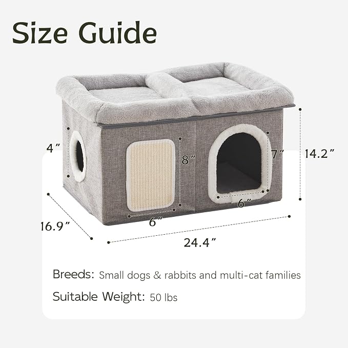 WINDRACING Cat House for Indoor Cats - 24.4" W Extra Wide Cat Bed Cave for Double Small Cats and Foldable with Scratch Pad, Cat Hideaway Condo for Kitten, 24.4x16.9x14.2 Inches, Light Grey - Image 4