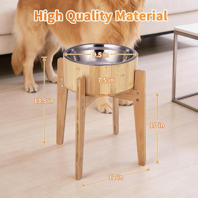 Elevated Dog Bowls for Large Dogs Feeder Two Bowls with a Stainless Steel and Bamboo Dishes，Raised Dog Bowl Stand with Non-Slip Feet，Ideal for Medium and Large Breeds， (13.5-inch High) - Image 2
