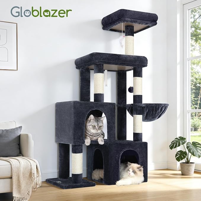 Globlazer 52in Cat Tree Tower for Indoor Cats, 2 Condos, S52, Dark Grey | Multi-Level Plush House, 5 Sisal Scratching Posts, 2 Padded Top Perches, Big Metal Basket, Stable Enlarged Base - Image 7