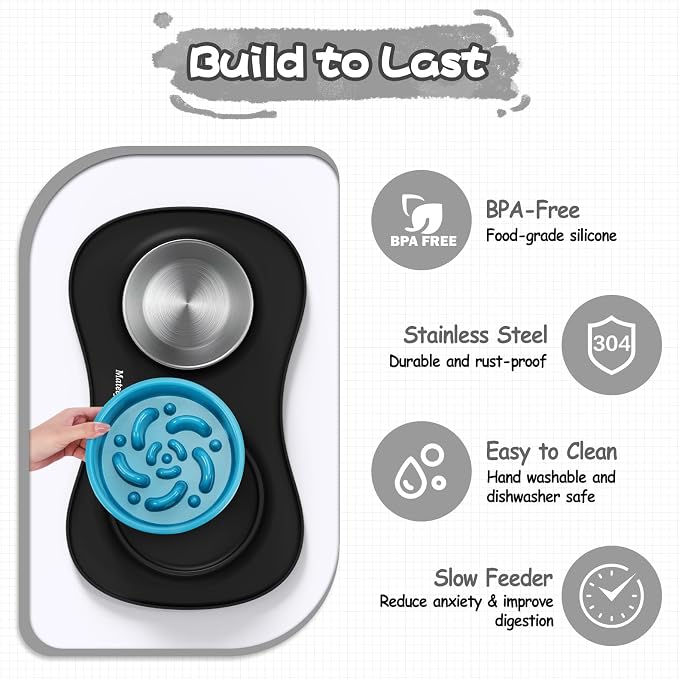 MateeyLife Dog Food and Water Bowl Set 3 in 1, Slow Feeder Dog Bowls & Stainless Steel Water Bowl with Non-Spill Silicone Mat, Cat and Puppy Bowls Pet Dishes for Small Medium Large Breed Anti-Choking - Image 6