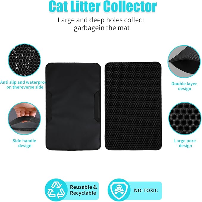 Cat Litter Mat, 23"x14.5", Black | Double Layer, Waterproof, Litterbox Mat - Image 2