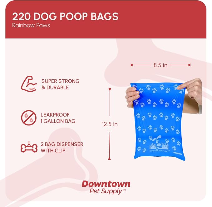 Downtown Pet Supply Poop Bags for Dogs with Dispenser, 220 Count - Leak-Proof Dog Waste Bags and Bone-Shaped Dog Poop Bags Holder for Leash - Rainbow with Paw Prints, 12.5" x 8.5" - Image 2