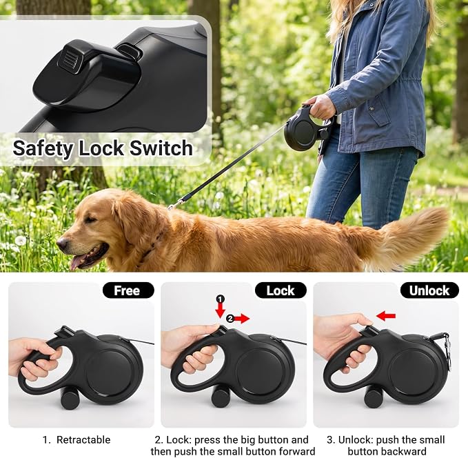 Segarty 26 Ft Walking Lead with Poop Bag Holder for Dogs 66 lbs - 110 lbs, 360°Tangle-Free Leash with Anti-Slip Handle & One-Handed Brake Pause Lock, 8m Retractable Leash for Dog Pets Outside Activity - Image 4