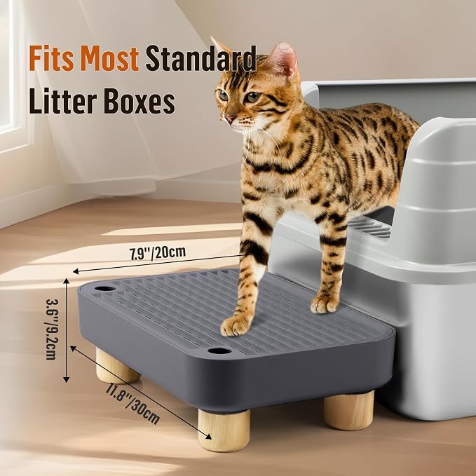 Litter Box Step, Cat Litter Ramp with Wooden Base, Dark Grey | Double Layer Litter Box Ramp for Kitten & Elderly Cats, Litter Catcher for Automatic Cat Litter Box, Easy to Clean - Image 2