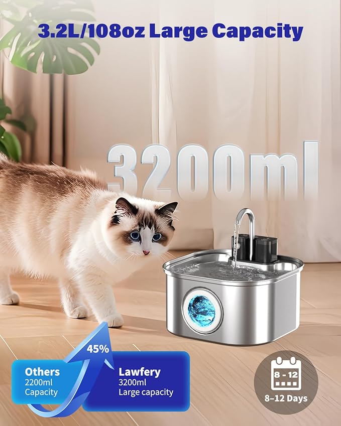 Lawfery 3.2L/108oz Wireless Stainless Steel Cat Water Fountain | Battery Operated Cordless Design with 3 Modes, Stainless Steel Pet Drinking Fountain for Cats and Small Dogs - Image 2