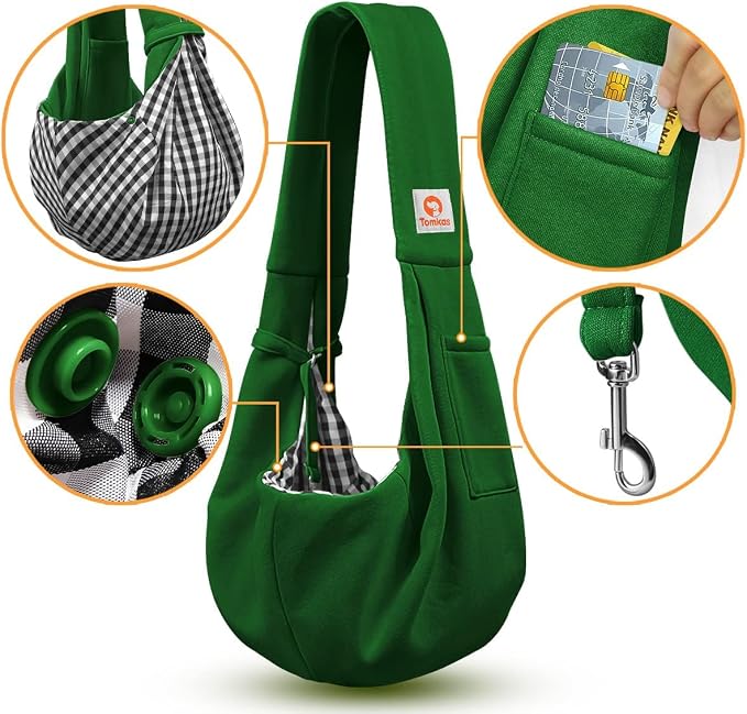 Tomkas Small Dog Cat Sling Carrier Puppy Purse Travel Wrap Soft Crossbody Pet Bag (Emerald Green, M - Classic Pocket & Classic Strap) - Image 3