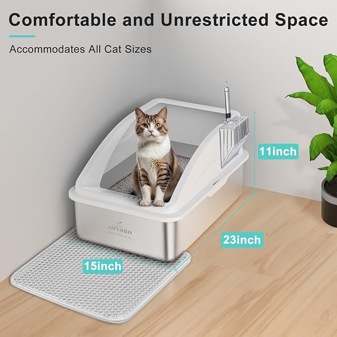 AIPERRO Stainless Steel Litter Box | XL Enclosed Cat Litter Boxes with Lid | High Sided Metal Litter Box for Big Cats | Anti-Urine Leakage | Non-Stick & Easy to Clean | Includes Litter Mat & Metal Scoop - Image 6
