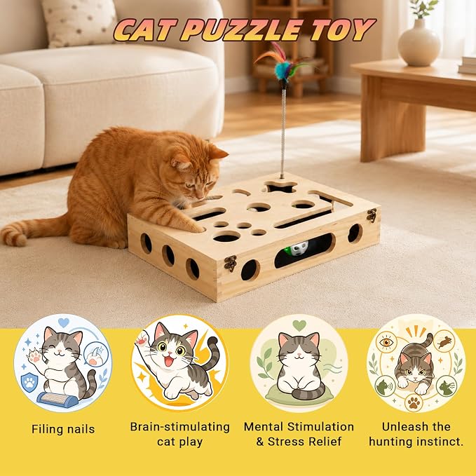 Cat Scratch Puzzle Enrichment Box, Interactive Cat Toy for 3 Balls & 2 Wand | Integrated Cat Nail File Scratcher - Stress Free Alternative to Clippers & Grinders for Indoor Cats - Image 2