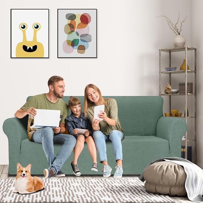 MAXIJIN Couch Covers for 3 Cushion Couch Sofa (71"-91"), 1-Piece Stretch Sofa Cover Slipcover Furniture Protector with Elastic Bottom for Kids,Dogs (Large, Diamond Pattern Pea Green) - Image 2