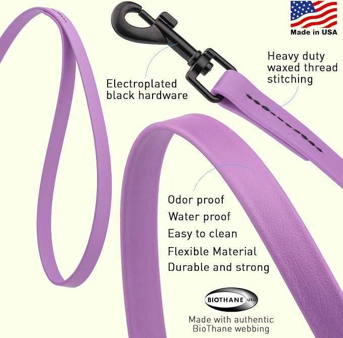 Dogline Biothane Waterproof Dog Leash Strong Coated Nylon Webbing with Black Hardware Odor-Proof Easy to Clean High Performance for Small or Large Dogs Made in USA 2 ft Lead, Amethyst Purple - Image 2