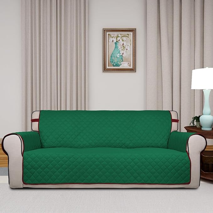 PureFit Reversible Quilted Couch Covers for Dogs Oversized Sofa Cover 78” | Green/Red, Water Resistant Couch Protector, Washable Pet Couch Cover with Non Slip and Elastic Straps For Kids - Image 2
