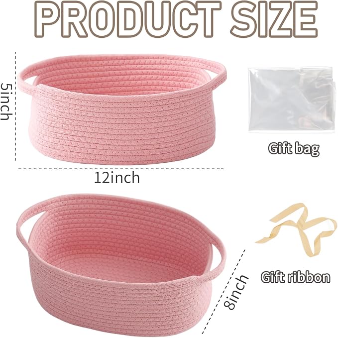 JMvicyroam Small Woven Basket, Empty Gift Basket, Pink/3 Pack | Small Gift Basket, Cotton Rope, 12 x 8 x 44 in, Handles, Includes Ribbon and Bag, Birthday Gift Basket - Image 2