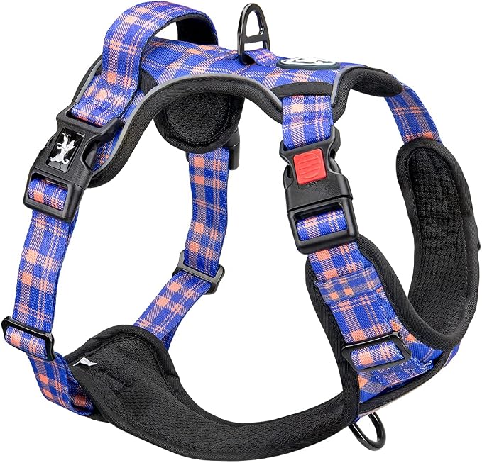 PoyPet Plaid Dog Harness Large, No Pull Vest with Front Clip & Neck Buckle | Padded Handle, Reflective, No Choke, Lockable, 2 Leash Rings, Full Adjustable, for Training Walking, XL,Checkered Blue&Orange - Image 5