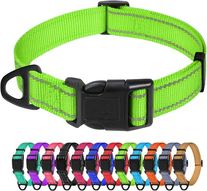 TagME Medium Dog Collar, Reflective Nylon Collar, Green, 1.0" Width | Soft Nylon Dog Collar With Reflective Stitching for Night Walks, Adjustable Fit, Quick-Release Buckle for Easy On & Off by TagME