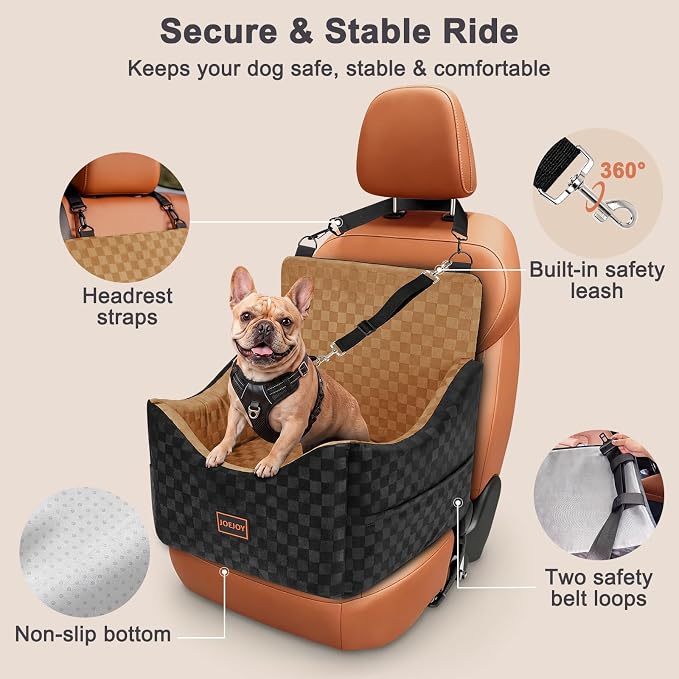 JOEJOY Elevated Dog Car Seat for Small/Medium Dogs up to 35 lbs, Memory Foam Booster Seat with Detachable Washable Cover, Travel-Safe Car Bed with Safety Belts & Storage Pockets, Brown - Image 5