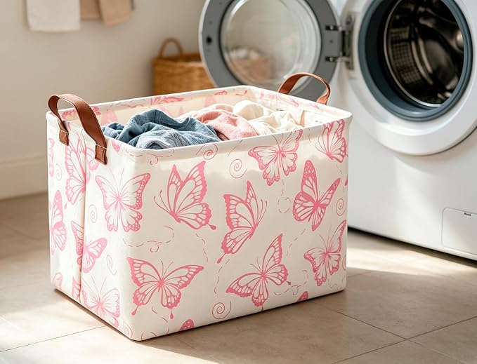 CLOCOR Rectangular Fabric Storage Bin, Waterproof Storage Box with Handles(Pink Butterfly) - Image 4