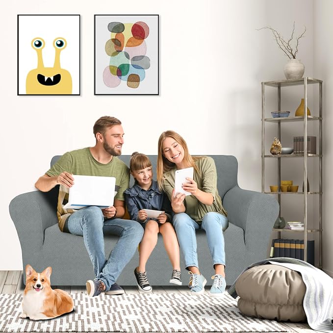 MAXIJIN Loveseat Cover Sofa Covers (55"-69"), 1-Piece Stretch Couch Covers for 2 Cushion Couch Love Seat Slipcover with Elastic Bottom for Kids,Dog (Loveseat, Diamond Pattern Light Gray) - Image 2
