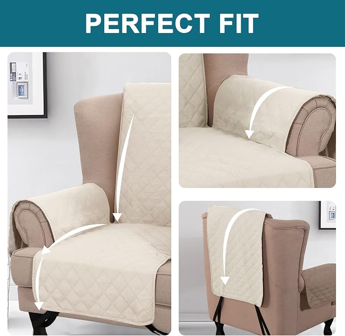 Turquoize 100% Waterproof Wing Chair Cover Wing Armchair Slipcovers Chair Couch Protector Triple Non-Slip Sofa Slipcover for Wing Chair Furniture Protector for Pets, Kids,Dog (Wing Chair, Ivory) - Image 5