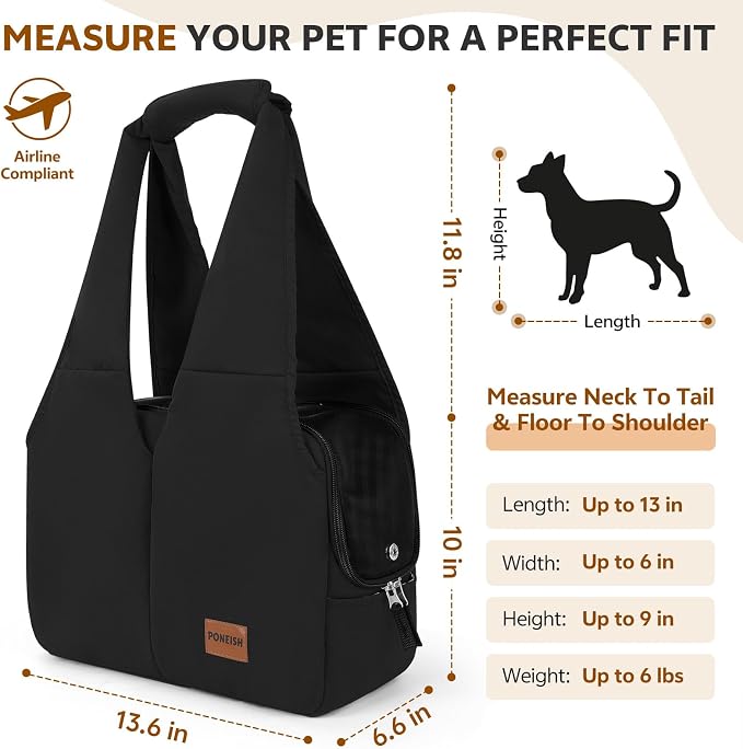 Dog Purse Carrier for Small Dogs and Cats, Soft-Sided Pet Tote Bag with 6 Large Pockets, Collapsible Travel Puppy Carrier with Small Cushion, Fits Pets up to 6 lbs (Black, 13.6" L x 6.6" W x 10" H) - Image 2