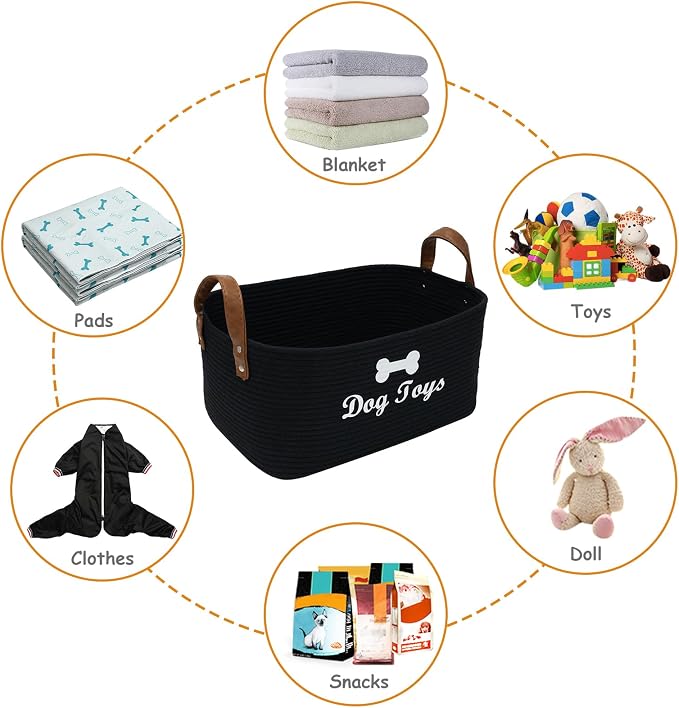 Geyecete X-Large Cotton Rope Dog Basket with Leather handle Blanket Storage Basket Decorative Clothes Hamper Basket | Extra Large Baskets for Blankets or Laundry-Black - Image 5
