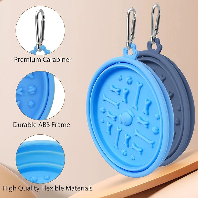 2-Pack Collapsible Dog Bowls with Suction Cups & Scraper - 16oz Travel Pet Bowls for Food/Water, Non-Slip Feeding Dish for Dogs, Includes Carabiner Clip Blue&Grey - Image 3