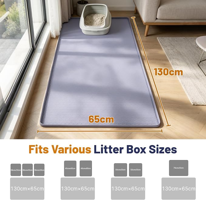 Cat Litter Mat, 51x25.6in Waterproof Silicone Litter Box Mat, Grey | XL Cat Mat Fits 1-3 Litter Boxes, Litter Trapping Mat with Raised Edges, Non-Slip Bottom, Easy Clean Kitty Litter Mat - Image 9