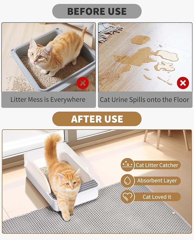 Fostanfly Cat Litter Mat, Machine Washable, Extra Large XL 45"x27", Gray | Cat Litter Trapping Mat, Urine & Waterproof, Double Layer Design, Honeycomb Scatter Control- Easy Clean for Floor - Image 6