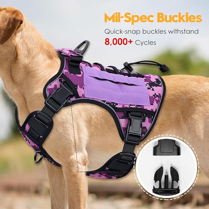 Heavy-Duty Tactical Dog Harness for Large Dogs, No Pull Adjustable Reflective Pet Vest with Molle System, K9 Military-Grade Control for Service Training, Outdoor & 10+ Breeds, Purple Camo, Large - Image 3