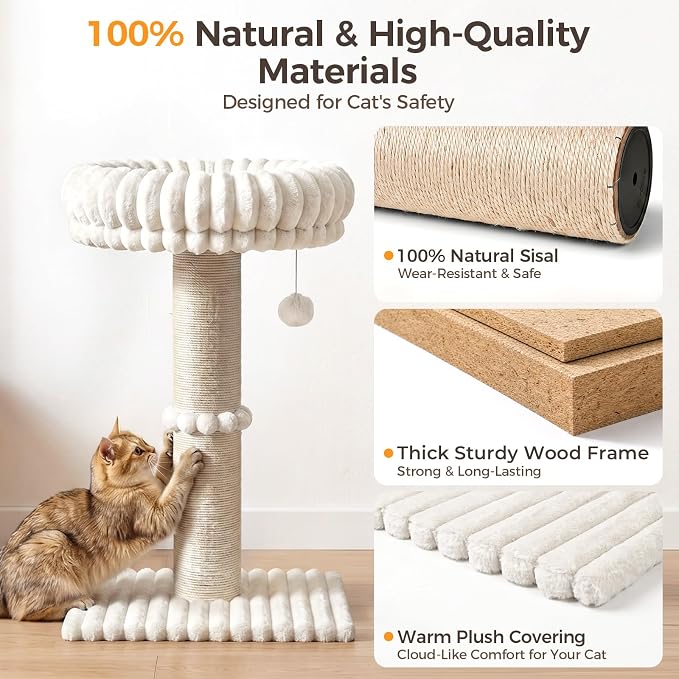 Avont 28.7" Sisal Cat Scratching Post with Large Plush Perch, Cream | Large Cat Scratcher Tower & Plush Elevated Cat Bed with Removable & Washable Cover, Sturdy Cat Perch for Indoor Cats - Image 4