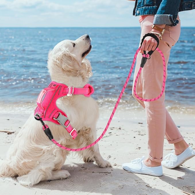 BARKBAY No Pull Dog Harness 3 Buckles Large Reflective Dog Harness with Front Clip and Easy Control Handle for Walking Training Running with ID tag Pocket(Pink,M) - Image 9