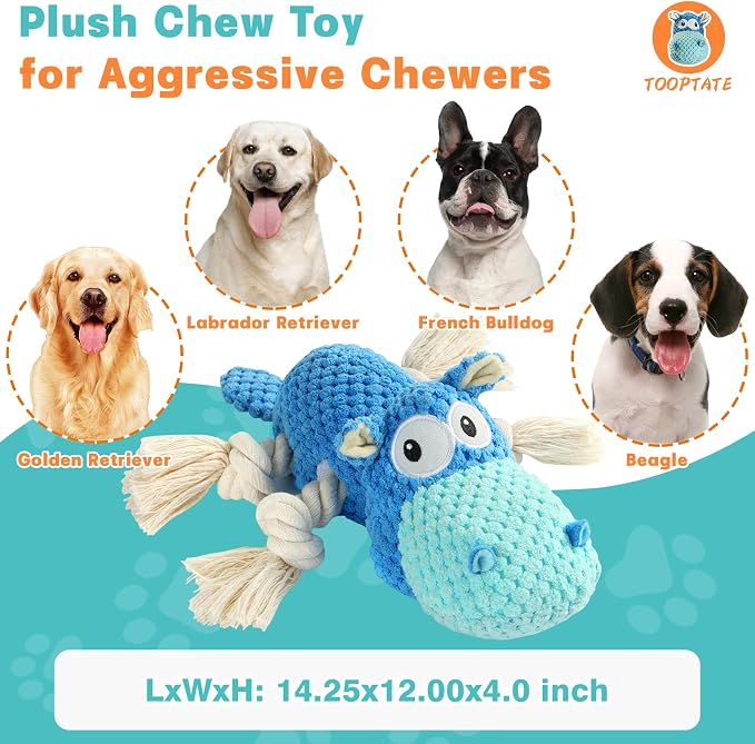 TOOPTATE Hippo Squeaky Dog Toy, Blue, Large | Cute Plush Design, Rope Legs for Tugging, Helps Keep Dogs Busy, Suitable for Small, Medium, and Large Dogs - Image 4