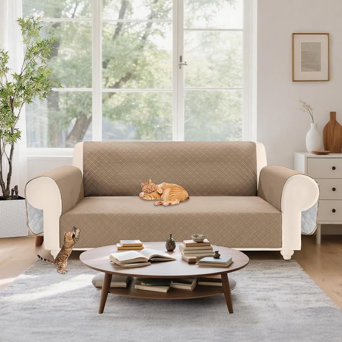 Velvet 100% Waterproof Loveseat Covers Washable Love Seat Couch Covers for 2 Cushion Couch Sofa Pet Friendly Sofa Slipcovers Dogs Furniture Protector with Pockets (Medium-XL, Light Brown) - Image 7