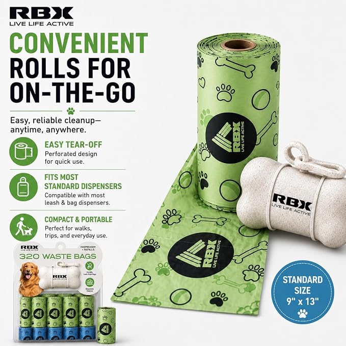 RBX Dog Poop Bags with Leash Holder, 320 Bags, 16 Refill Rolls | Clip-On Dispenser, Durable Leak-Proof, Recyclable Material - Image 6