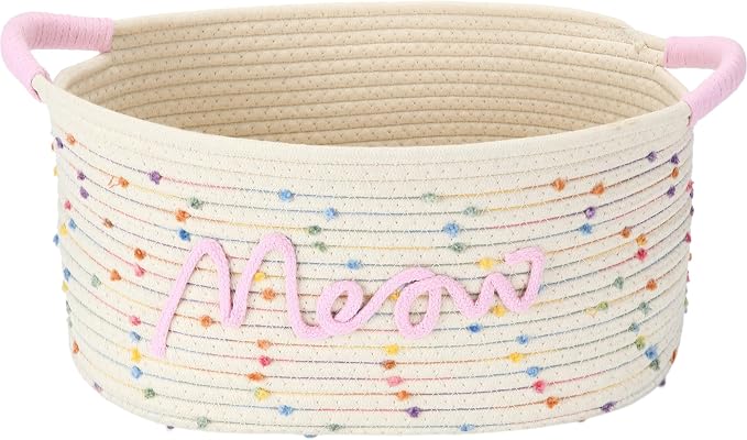 Sea Team Cat Toy Storage Basket with Handles, Rainbow Meow | Large Cotton Rope Storage Bin, Shelf Basket, Organizer for Pet Chew Toys, Foods, 16.5 x 11 x 7 Inches, 4.4 Gallons by SeaTeam