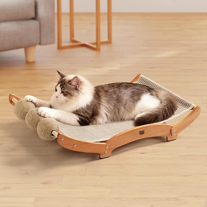 3 in 1 Sisal Cat Scratcher Bed, Solid Pine Cat Scratcher with Balls (Wood) | Extra Large Cat Scratching Post with Hammock, Cat Scratcher for Scratch & Play & Rest, Cat Furniture for Indoor Cats, Kitten by Casremee