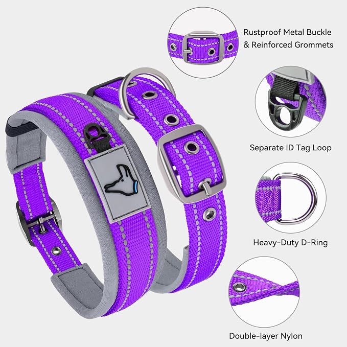 Joytale Reflective Dog Collar for Medium Dogs with Wide Padding, Purple | Soft Cushion Reduce Neck Strain, Night Safety Walking, Metal Buckle and Adjustable Eyelets, Separated Dog ID Tag Ring - Image 3