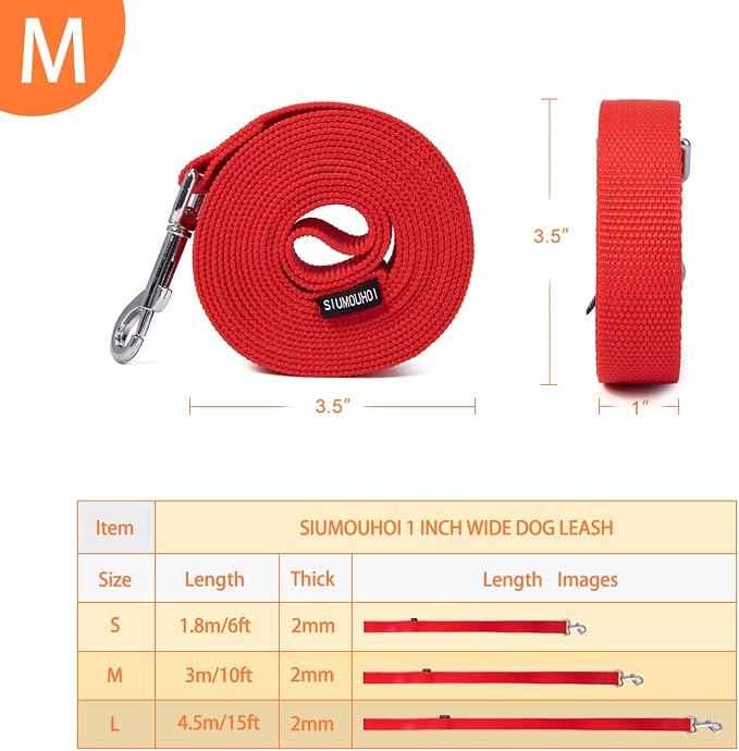 Strong Durable Nylon Dog Training Leash, 1 Inch Wide Traction Rope, 6 ft 10ft 15ft Long, for Small and Medium Dog (Red, 10 Feet) - Image 2