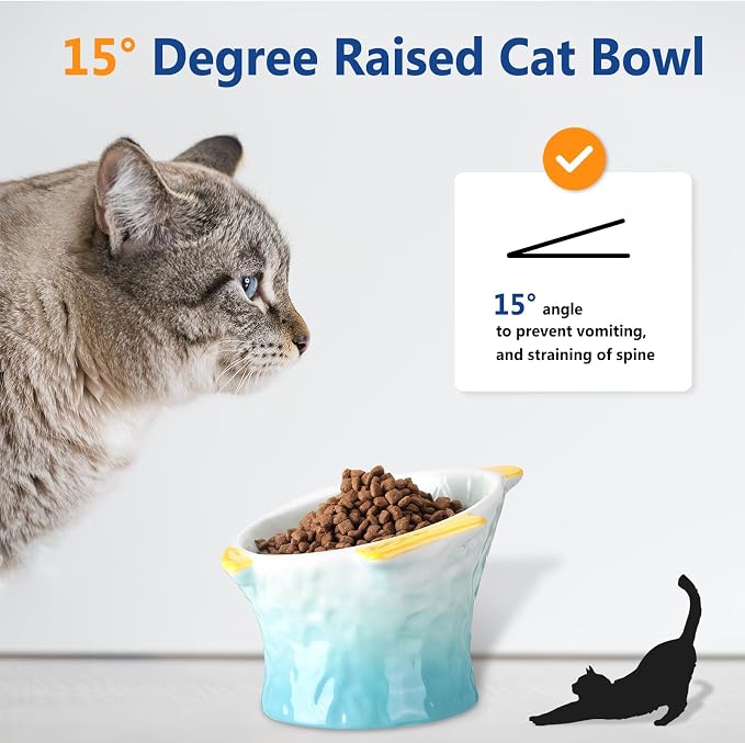 Tioncy 2 Pcs Raised Tilted Ceramic Cat Food Bowl Fish Shape Cute Elevated Slanted Shallow Angled Cat Dish Non Slip Feeder Bowl for Anti-Vomiting and Whisker Fatigue(Blue, Green) - Image 3