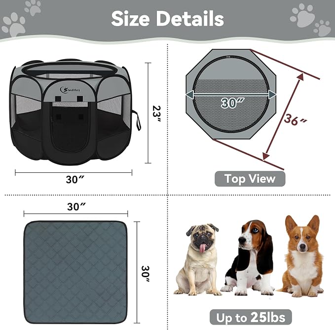 Siedihit Playpen for Middle Dog Cat, Dogs Tent Crate Cage Indoor | Outdoor, Portable Pop Up Dog Kennel with Carrying Bag for Rabbits (Dark Grey with Pad, Medium) - Image 7