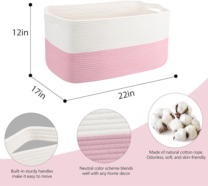MEGASKET Large Pink Storage Basket, 22" x 17" x 12" Rectangle Cotton Rope Bin for Organizing, Woven Blanket storage for Living Room, Kids Toy Bin Box, Decorative Nursery Storage, Pink Room Decor - Image 2