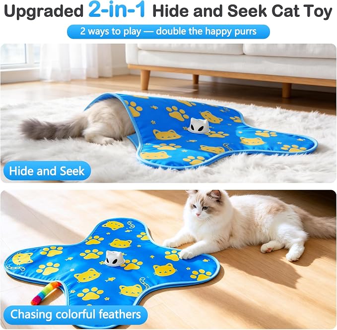 Interactive Cat Toys for Indoor Cats, Rechargeable Hide & Seek Toy | Touch Activated, 3 Speed Modes, 10-Min Auto off, Bird Chirps(can turn off), Hidden Feather Wand for Bored Adult Cats, Blue - Image 2