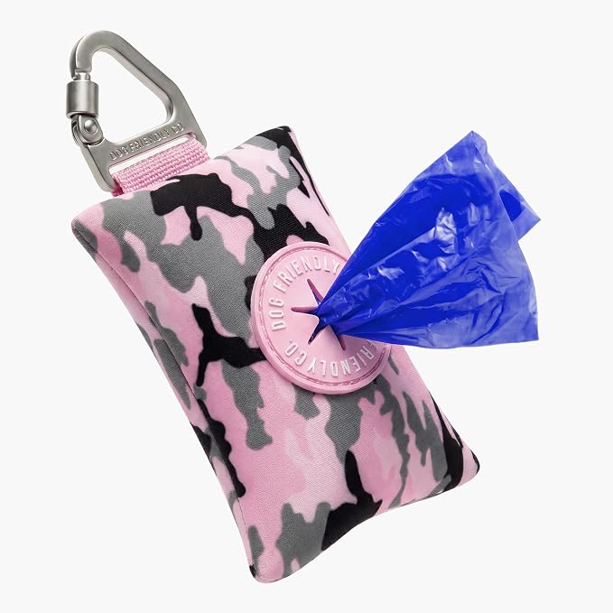 Dog Friendly Co. Poop Bag Holder for Leash, Dog Waste Bag (Pink Camo) | One Click Clip Potty Carrier Dispenser, Pet Trash Bags, Neoprene Fabric for All Weather Conditions, Stylish Walking Accessory by DogFriendly